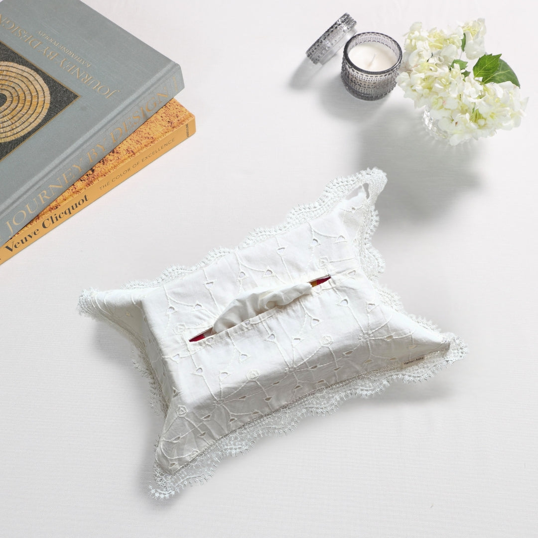 White Schiffli Lace Tissue Box Cover